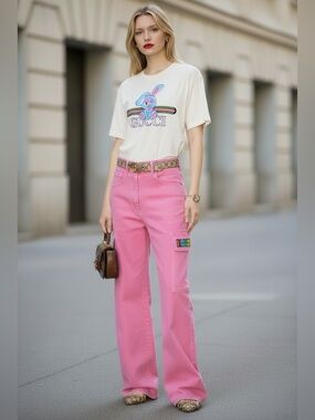 Gucci Rare White Graphic Bunny Short Sleeve Tee with Pastel Accents